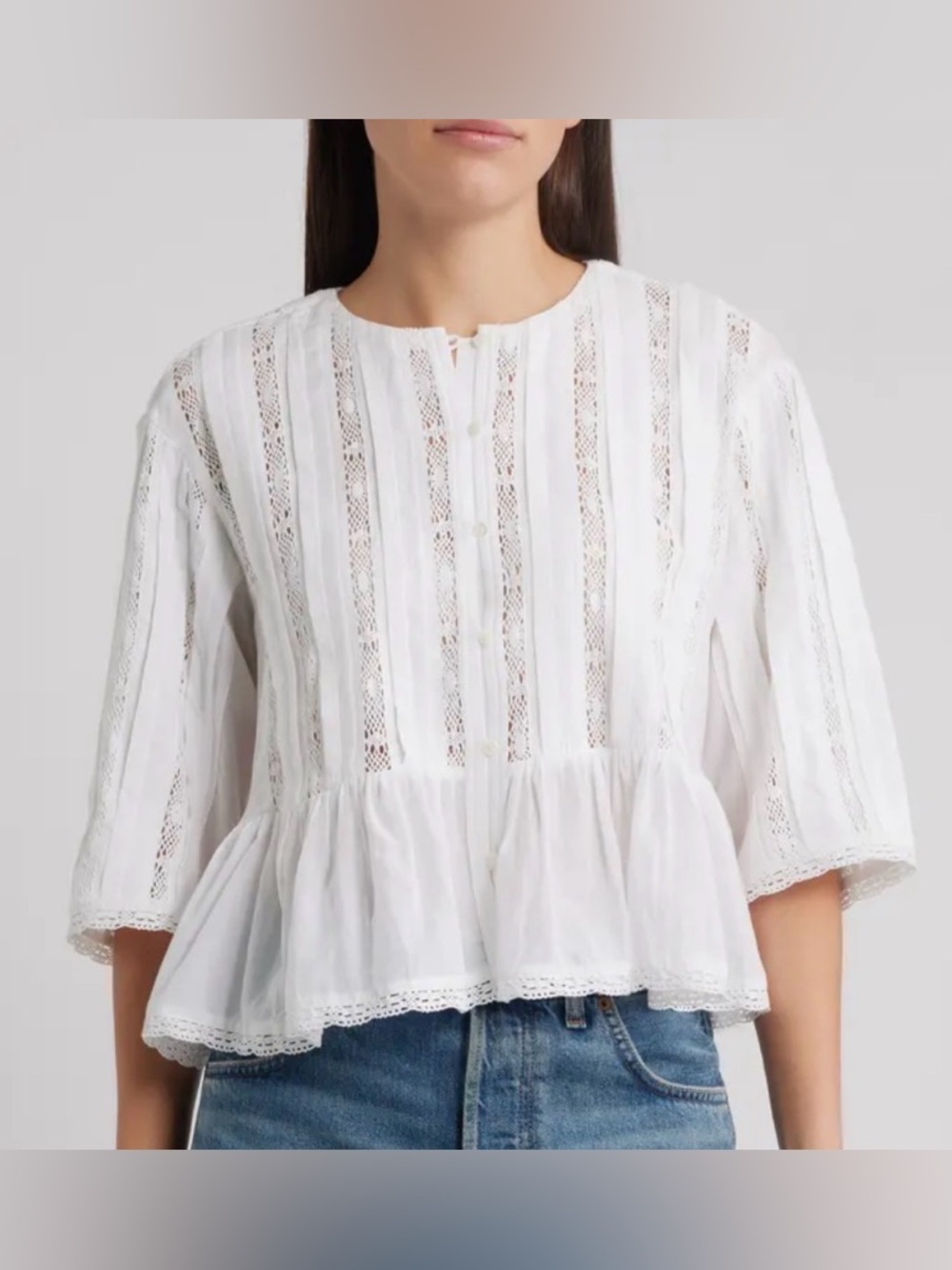 Madewell Bobbi Lace Trim Peplum Top Size L - Picture 2 of 11
